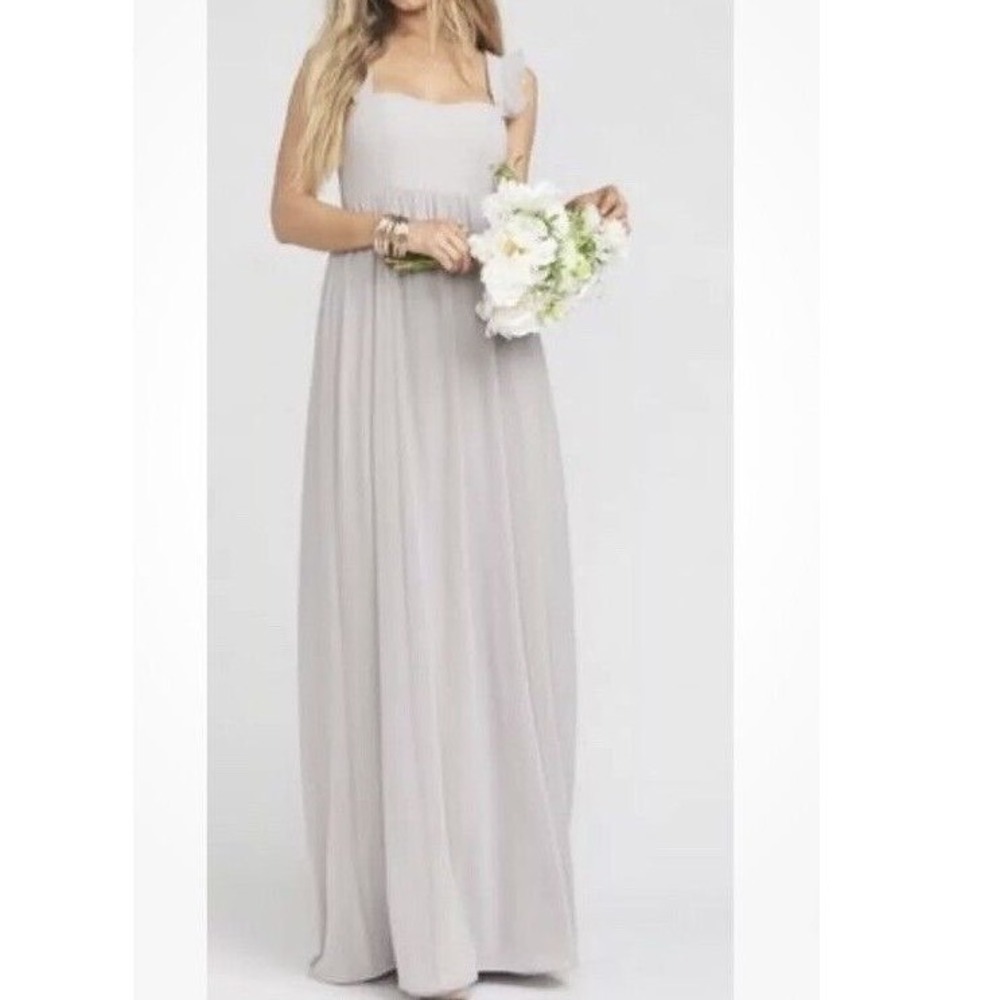 Show Me Your Mumu Silver Sage Ruffle Strap Smocked Maxi Bridesmaid Dress Med pb1